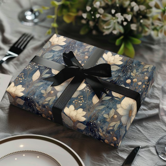 Elegant Christmas Winter Cream And Navy Floral Wrapping Paper Sheet (Creator Uploaded)