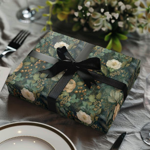 Elegant Christmas Winter Green and Cream Floral Wrapping Paper Sheet