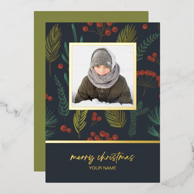 Elegant Christmas Winter Greenery Botanical Photo  Foil Holiday Card (Front/Back)