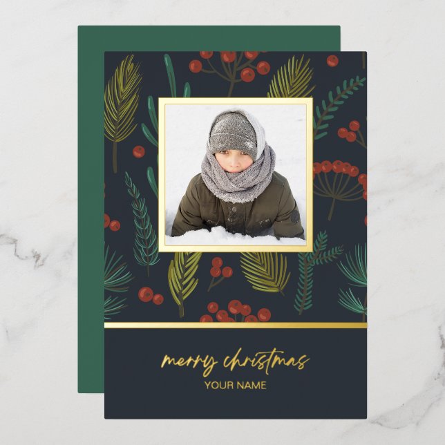 Elegant Christmas Winter Greenery Botanical Photo  Foil Holiday Card (Front/Back)