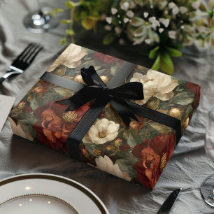 Elegant Christmas Winter Red and Cream Floral Wrapping Paper Sheet