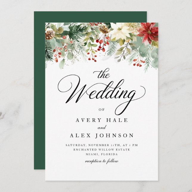 Elegant Christmas Winter Watercolor Wedding  Invitation (Front/Back)