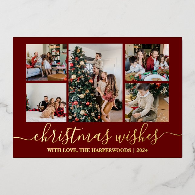 Elegant Christmas Wishes Family Photo Collage Foil Holiday Card (Front)