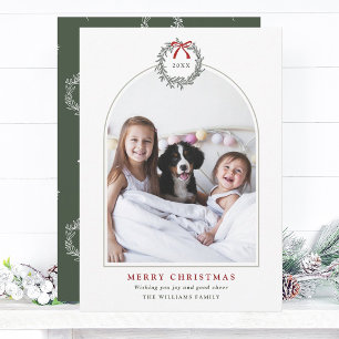 Elegant Christmas Wreath Arched Family Photo Holiday Card