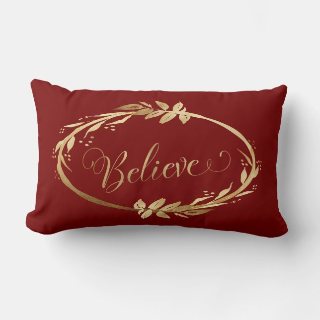 Elegant Christmas Wreath Believe Gold Burgundy Lumbar Cushion (Front)