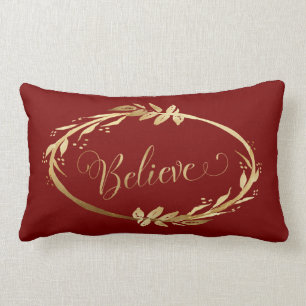 Elegant Christmas Wreath Believe Gold Burgundy Lumbar Cushion