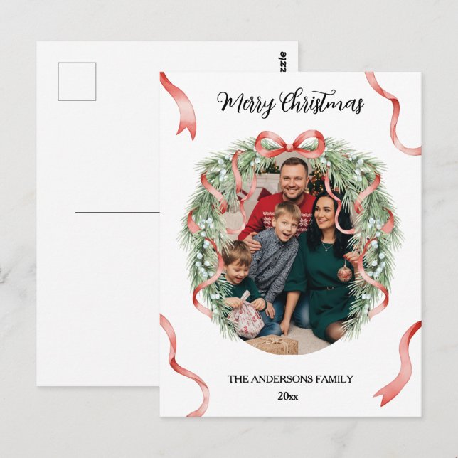 Elegant Christmas Wreath Bow Custom Family Photo Postcard (Front/Back)