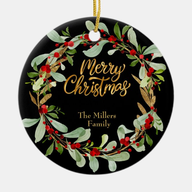 Elegant Christmas Wreath Customisable Name  Black  Ceramic Ornament (Front)