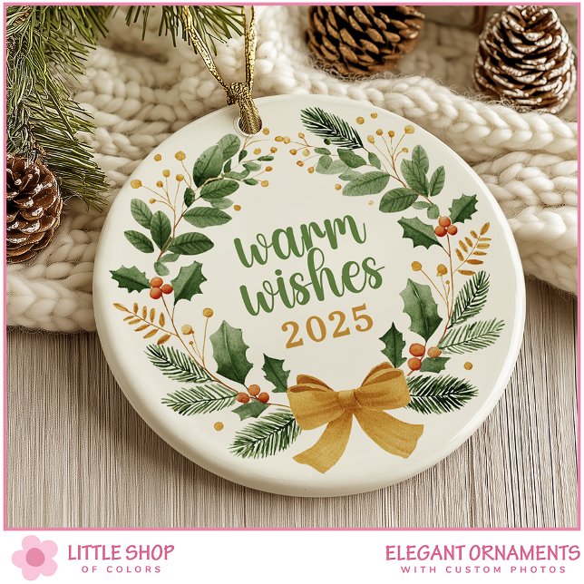 Elegant Christmas Wreath Customisable Photo Ceramic Ornament (Creator Uploaded)