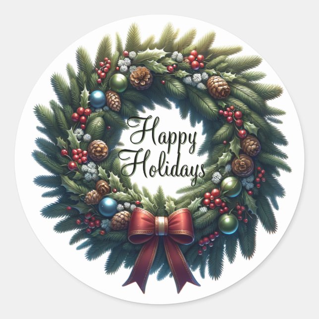 Elegant Christmas Wreath Happy Holidays Classic Round Sticker (Front)