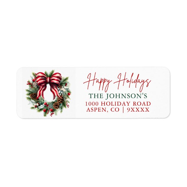 Elegant Christmas Wreath Happy Holidays Return Address Label (Front)