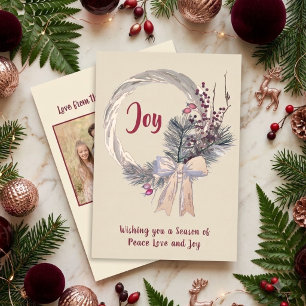 Elegant Christmas Wreath Joy Christmas Rose Gold Foil Holiday Card