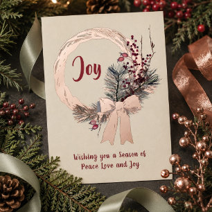 Elegant Christmas Wreath Joy Christmas Rose Gold Foil Holiday Card