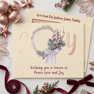 Elegant Christmas Wreath Joy Christmas Rose Gold Foil Holiday Card