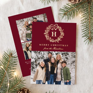 Elegant Christmas Wreath Monogram Burgundy 4 Photo Foil Holiday Card