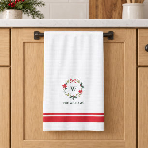 Elegant Christmas Wreath Monogram Family Name Tea Towel