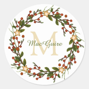 Elegant Christmas Wreath Monogram Initial Classic Classic Round Sticker