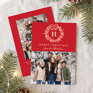Elegant Christmas Wreath Monogram Red 4 Photo Foil Holiday Card