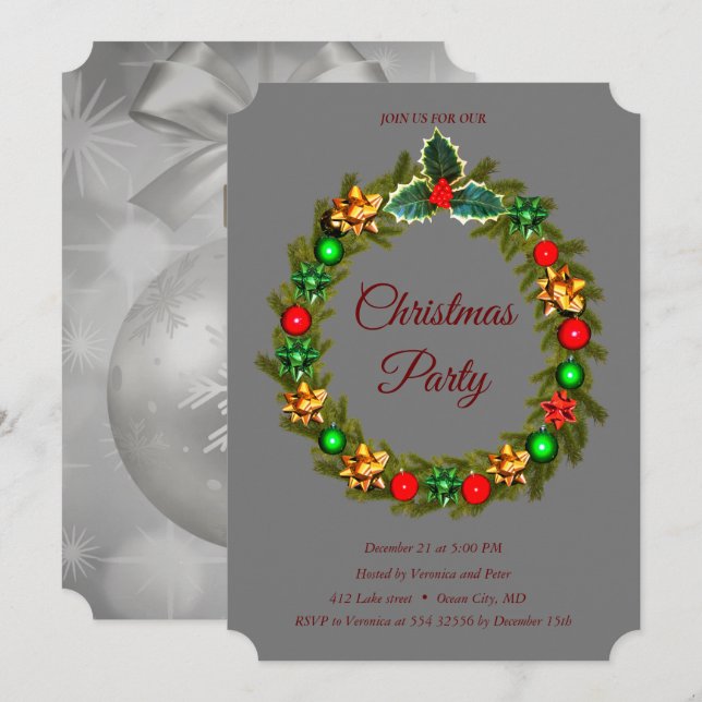 Elegant Christmas Wreath Ornaments Red Invitation (Front/Back)