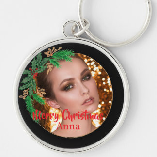 Elegant Christmas Wreath Photo Black Gold Key Ring