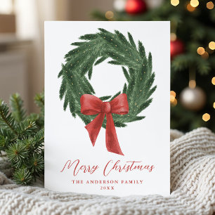 Elegant Christmas Wreath Red Bow Non-Photo Holiday Card