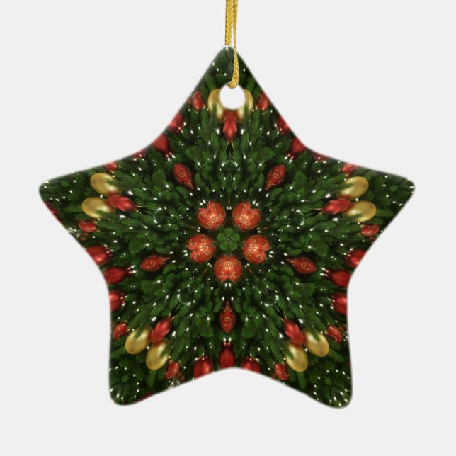 Elegant Christmas Wreath Red Green Kaleidoscopic Ceramic Ornament (Back)