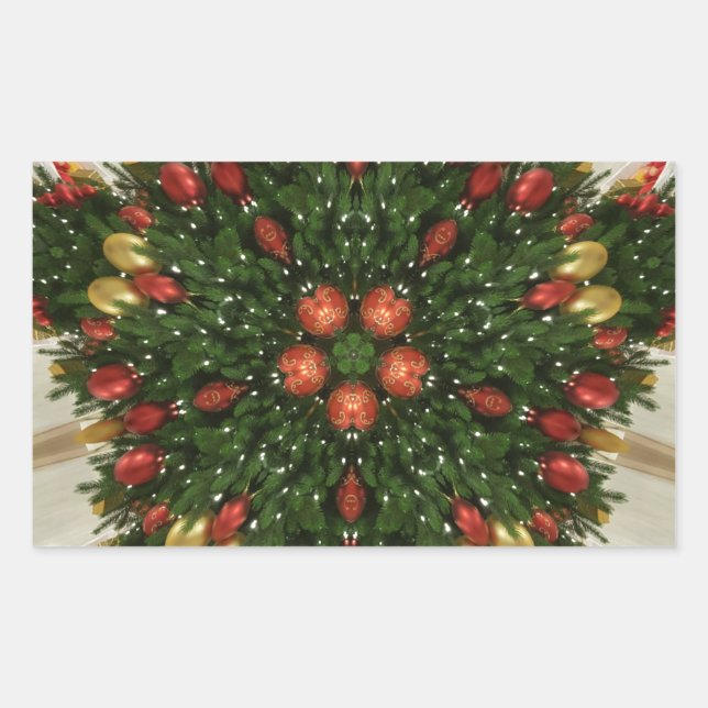 Elegant Christmas Wreath Red Green Kaleidoscopic Rectangular Sticker (Front)