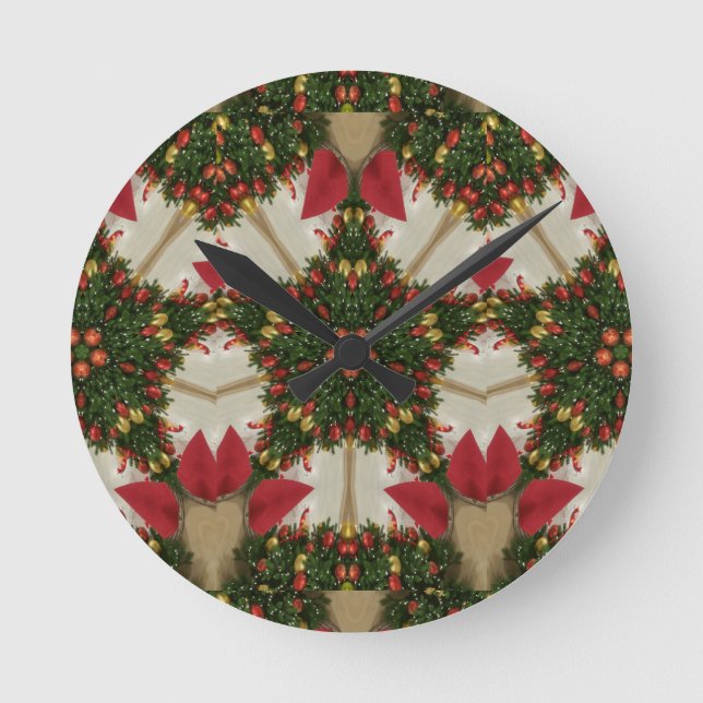 Elegant Christmas Wreath Red Green Kaleidoscopic Round Clock (Front)