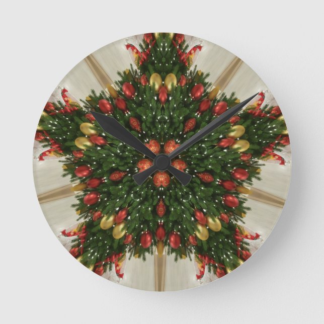 Elegant Christmas Wreath Red Green Kaleidoscopic Round Clock (Front)