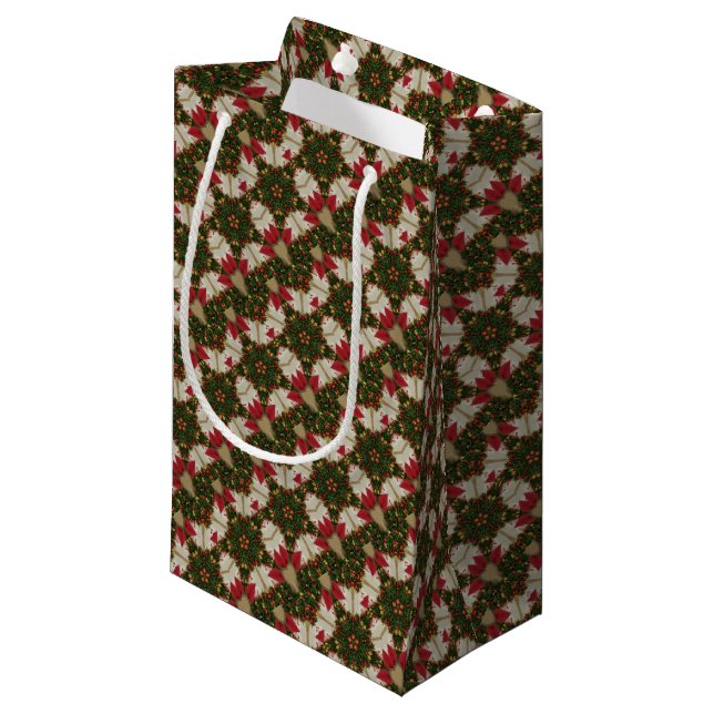 Elegant Christmas Wreath Red Green Kaleidoscopic Small Gift Bag (Front Angled)