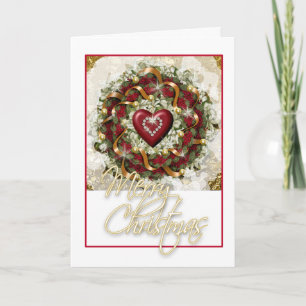 Elegant Christmas wreath red white green heart Holiday Card