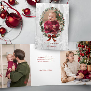 Elegant Christmas Wreath w/Burgandy Bow Photo Tri-Fold Holiday Card