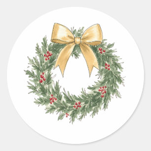 Elegant Christmas Wreath with Gold Bow Watercolor Classic Round Sticker