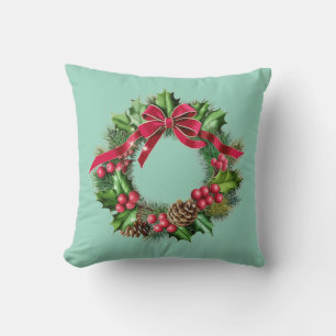 Elegant Christmas Wreath with Red Bow, Holly & Pin Cushion