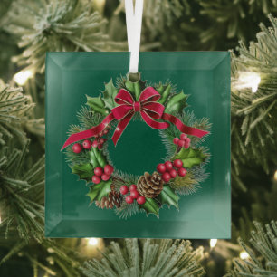 Elegant Christmas Wreath with Red Bow, Holly & Pin Glass Tree Decoration