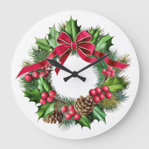 Elegant Christmas Wreath with Red Bow, Holly & Pin Large Clock