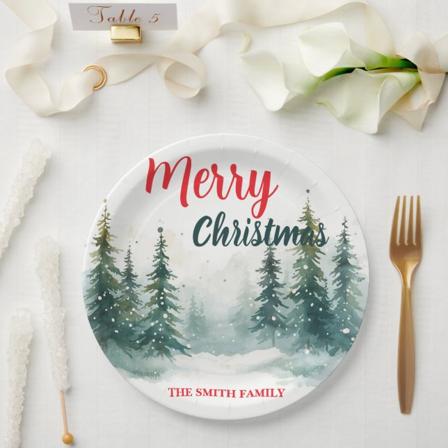 Elegant Christmas Xmas winter pine tree forest Hol Paper Plate (Wedding)