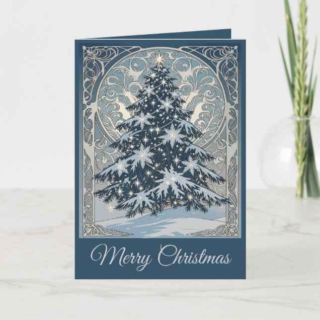 Elegant Christmas Yule Tree Snowflakes and Stars Holiday Card (Front)