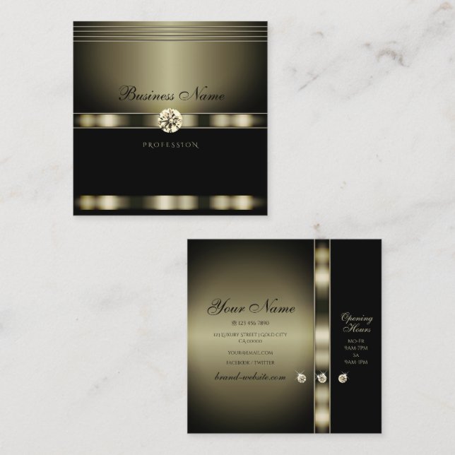 Elegant Chrome Effect and Black with Faux Diamonds Square Business Card (Front/Back)