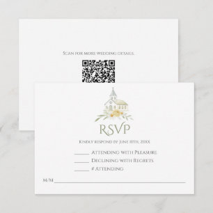 Elegant Church Floral Watercolor QR Code Wedding RSVP Card