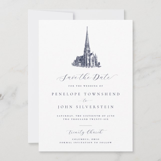Elegant Church Illustration Formal Wedding Save The Date (Front)