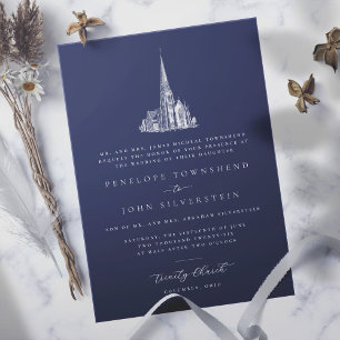 Elegant Church Illustration Navy Formal Wedding Invitation