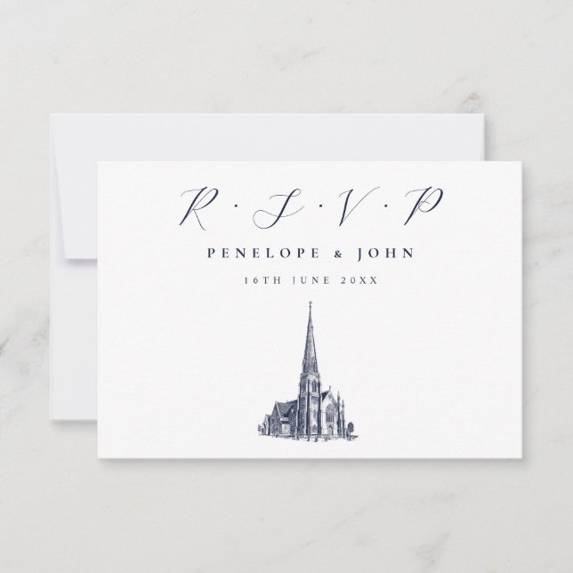 Elegant Church Illustration Religious Wedding RSVP Card (Front)
