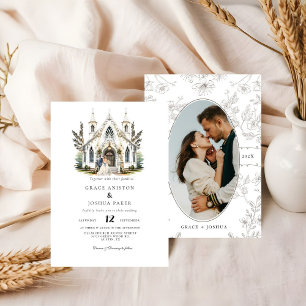 Elegant Church Watercolor Venue Manor Wedding Invitation