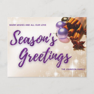 Elegant Cinnamon Purple Glitter Script Christmas Holiday Postcard