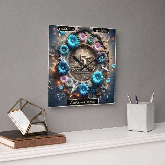 Elegant Circle: Celebrating Five Loving Years Square Wall Clock (Office)