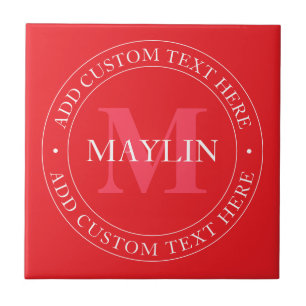 Elegant Circular Text Template Editable Red White Ceramic Tile