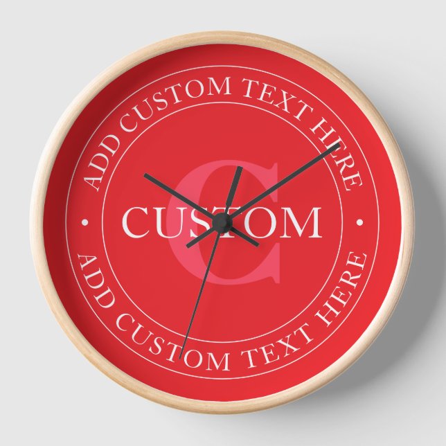 Elegant Circular Text Template Editable Red White Clock (Front)