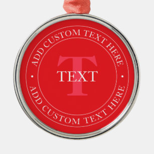 Elegant Circular Text Template Editable Red White Metal Ornament