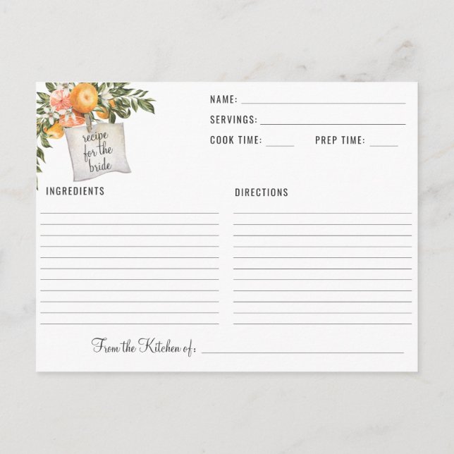 Elegant Citrus Botanical Bridal Shower Recipe Postcard (Back)